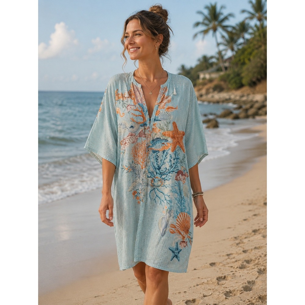 Aratta Silent Journey Blue Starfish Coral Tassel Kaftan Cover Up ED18A69-C